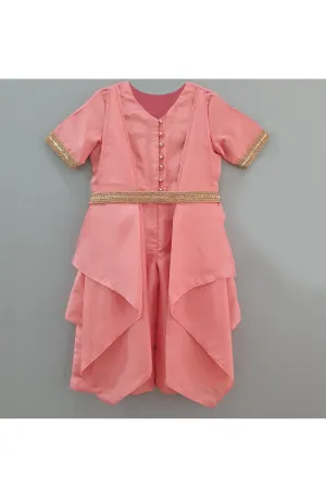 Peachy pink jumpsuit with front layers and sequined belt