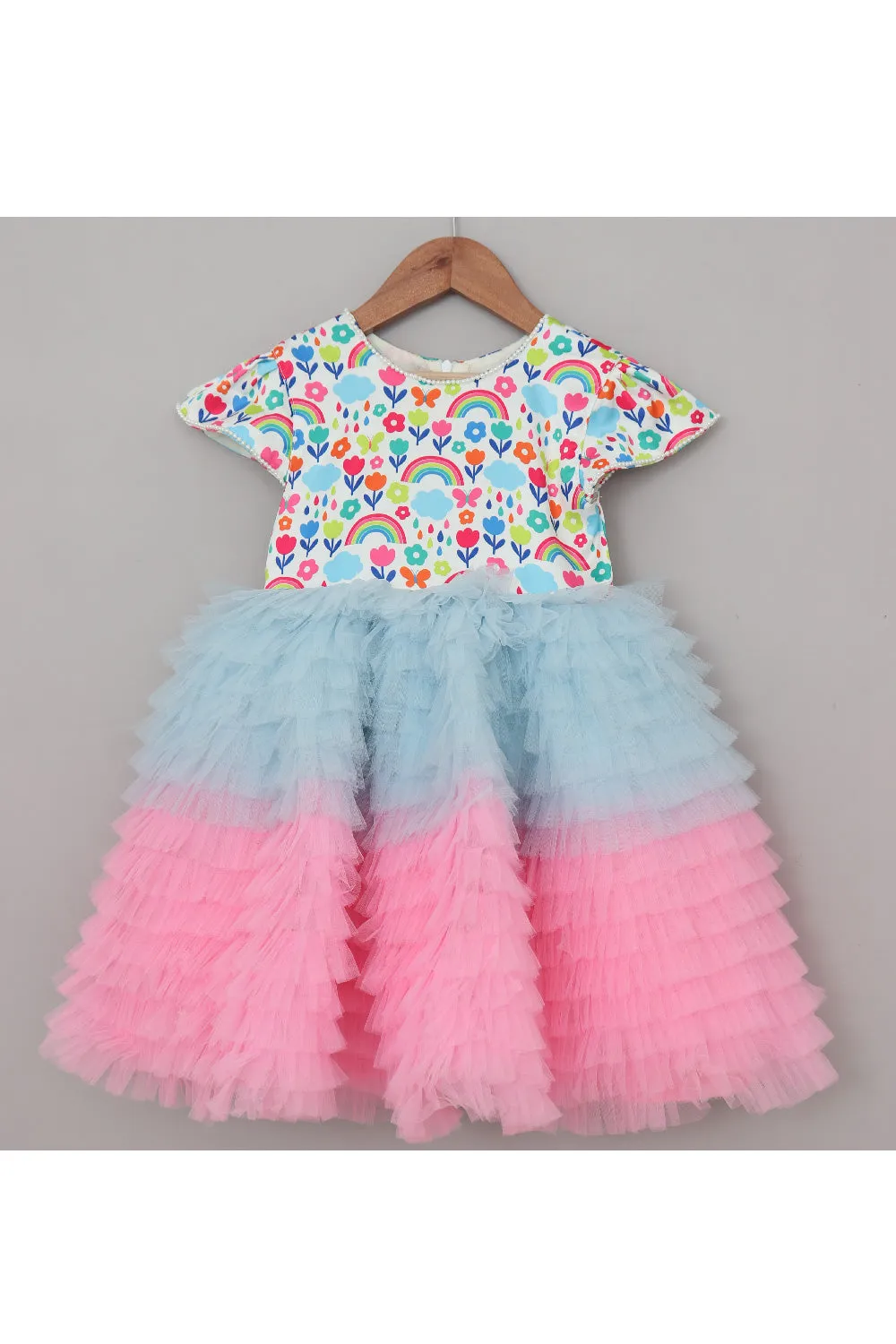 Pink And Blue Rainbow And Cloud Printed Frill Dress