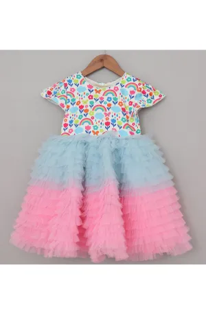 Pink And Blue Rainbow And Cloud Printed Frill Dress