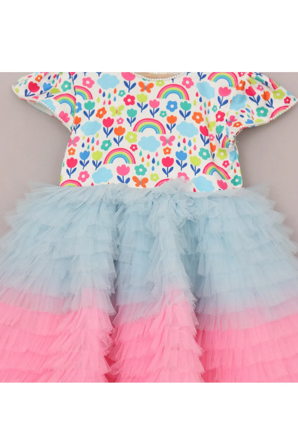 Pink And Blue Rainbow And Cloud Printed Frill Dress