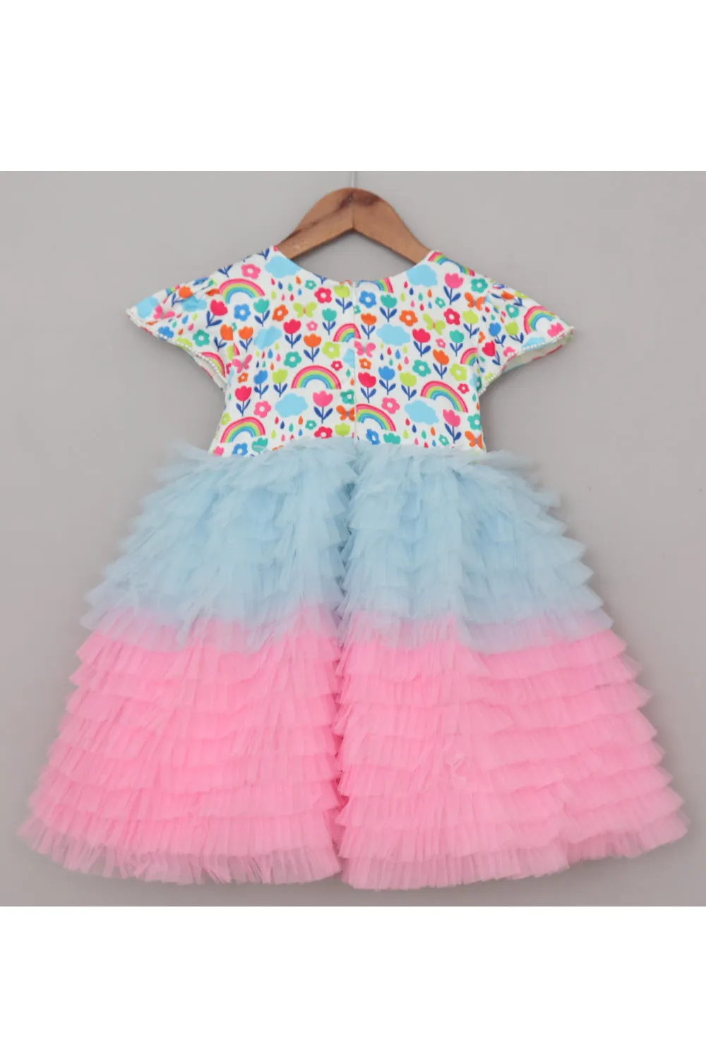 Pink And Blue Rainbow And Cloud Printed Frill Dress