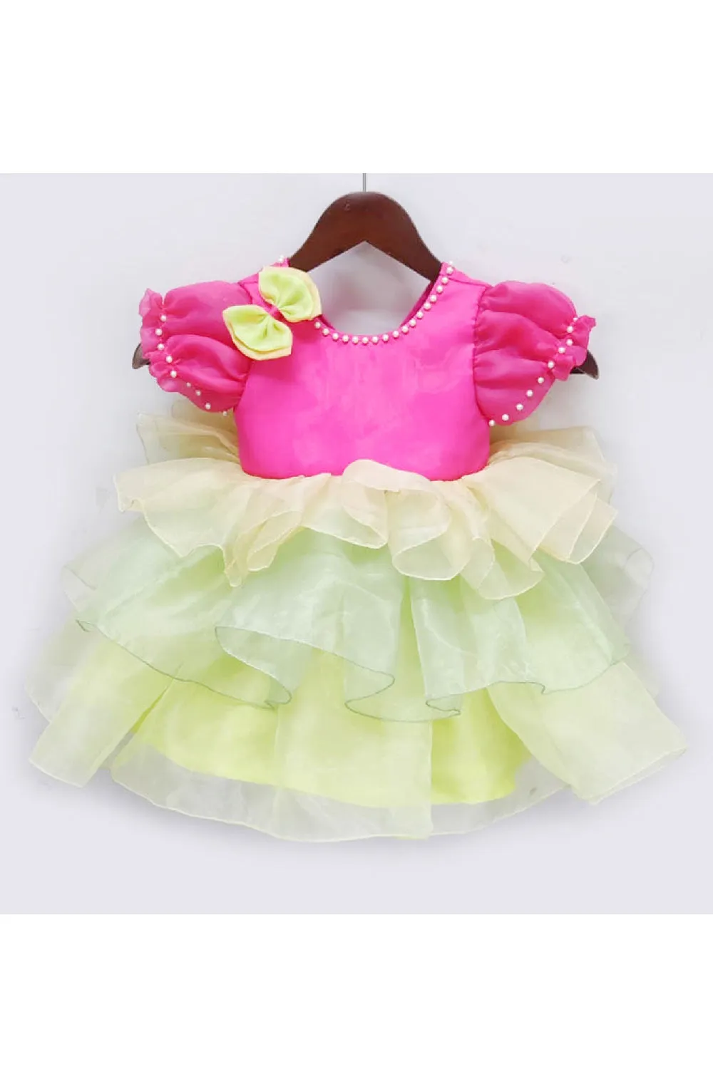 Pink And Green 3D Flower Detailing Organza Layered Dress