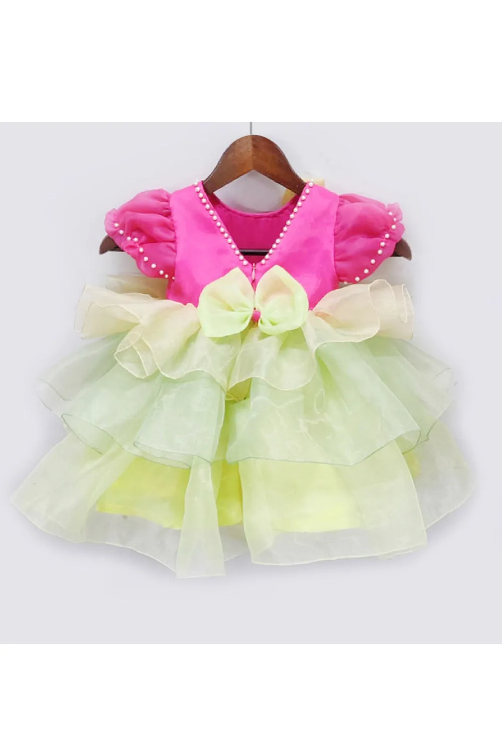 Pink And Green 3D Flower Detailing Organza Layered Dress