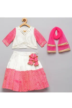 Pink And White Brocade Detailing Silk Top With Lehenga Set