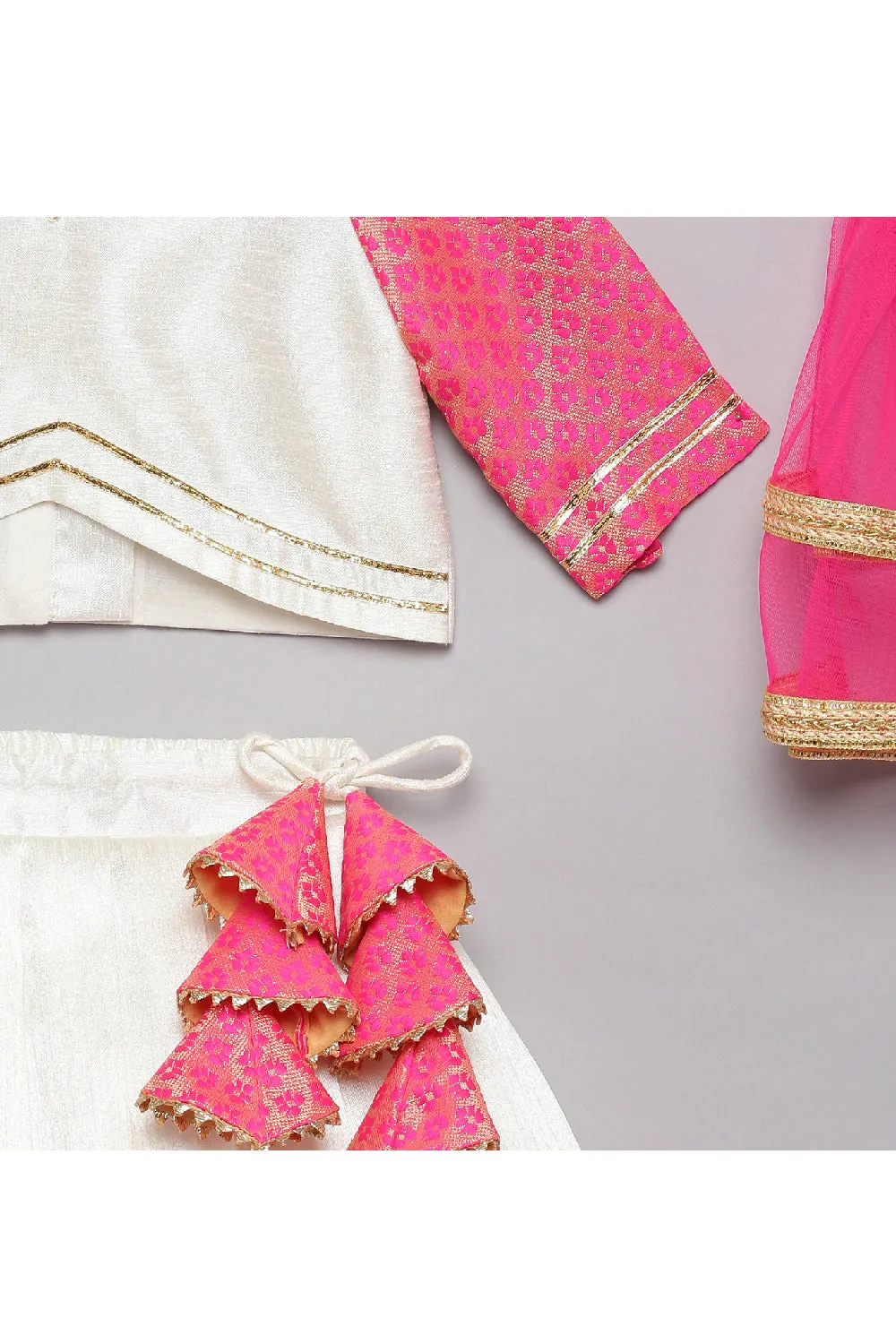 Pink And White Brocade Detailing Silk Top With Lehenga Set