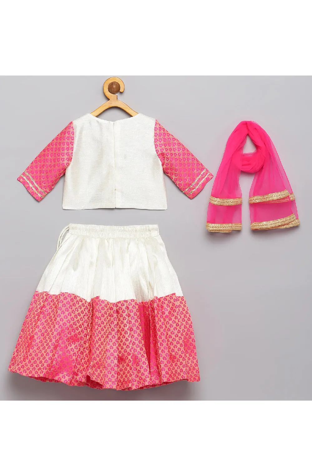 Pink And White Brocade Detailing Silk Top With Lehenga Set