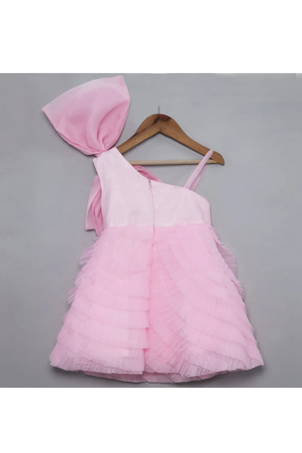 Pink Big Bow Detailing Frill Sleeveless Net Dress