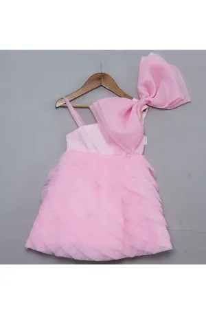 Pink Big Bow Detailing Frill Sleeveless Net Dress