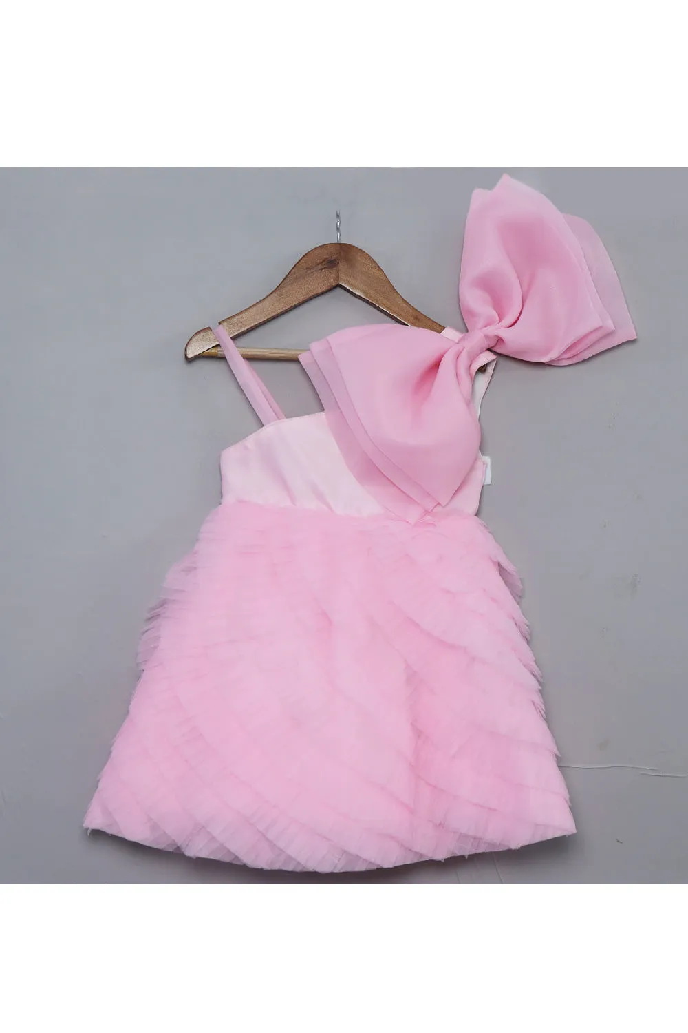 Pink Big Bow Detailing Frill Sleeveless Net Dress