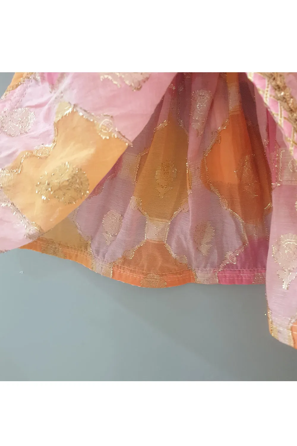 Pink cream zig zag and floral printed choli and lehenga with dupatta