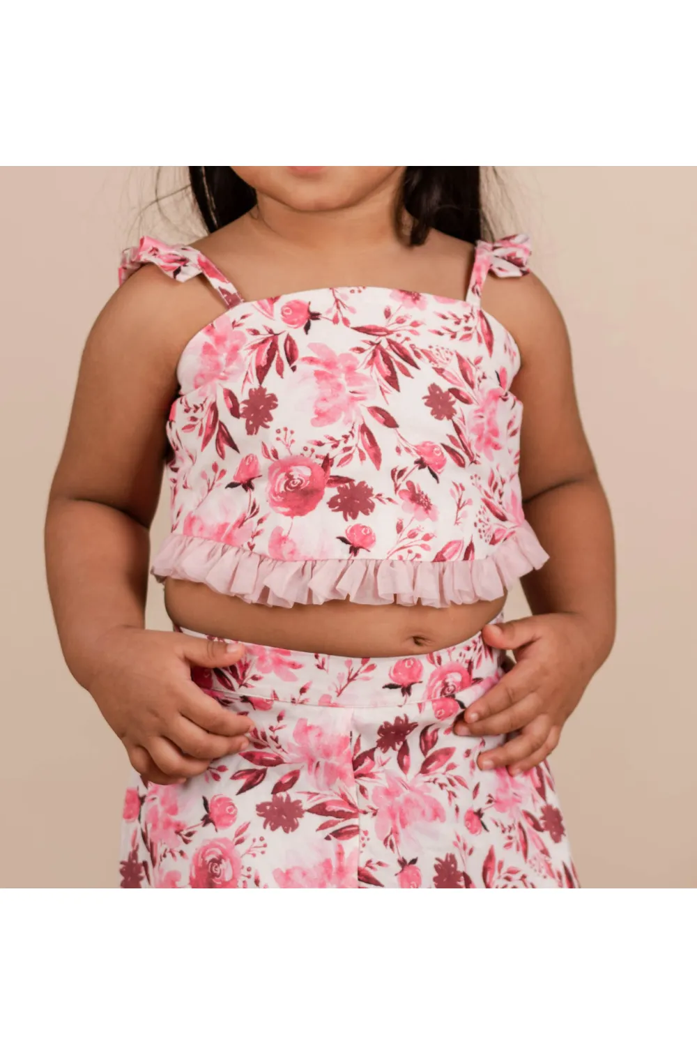 Pink Floral Printed Sleeveless Crop Top With Palazzo Set