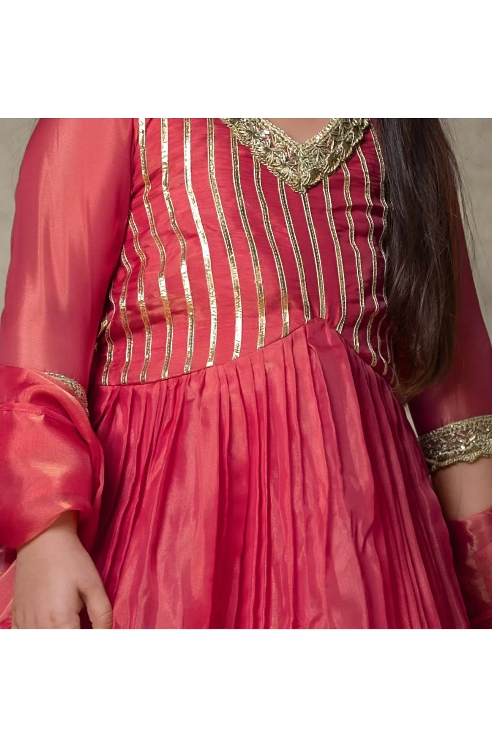 Pink Gota Detailing Pleated Anarkali With Pant And Dupatta Set