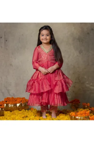 Pink Gota Detailing Pleated Anarkali With Pant And Dupatta Set