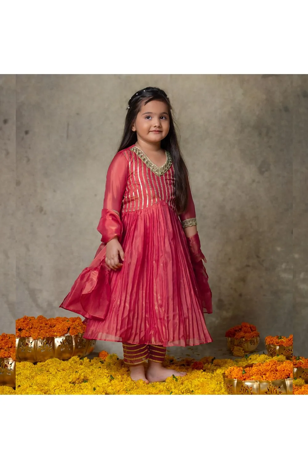 Pink Gota Detailing Pleated Anarkali With Pant And Dupatta Set