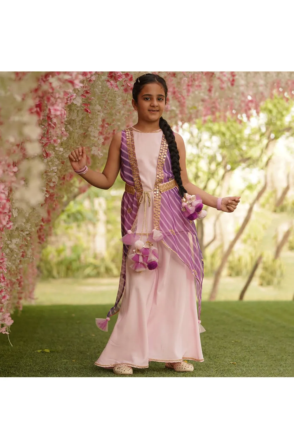 Pink Kurta With Embroidered Attached Drape And Palazzo Set