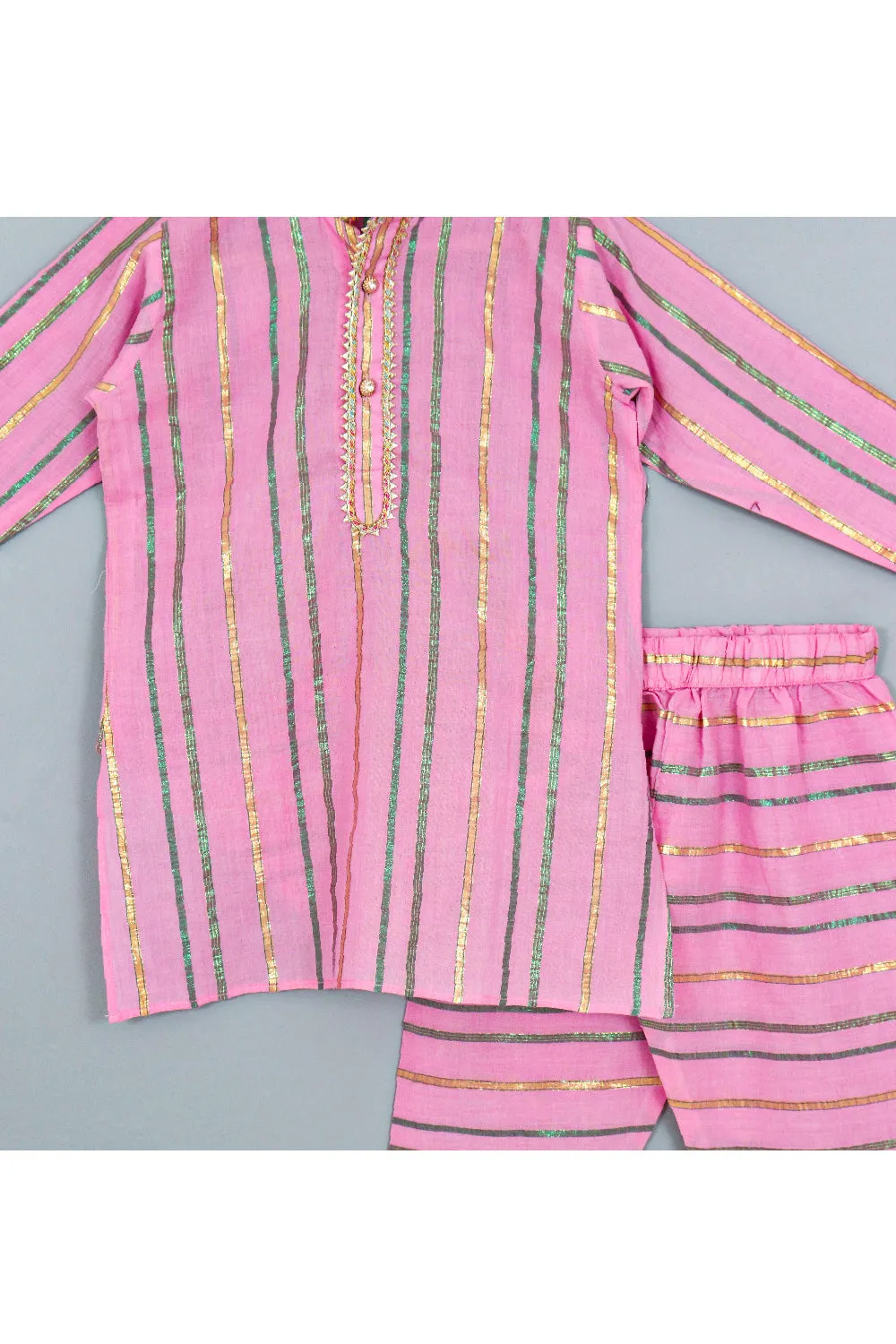 Pink Lace Detailing Cotton Lurex Kurta With Pyjama Set