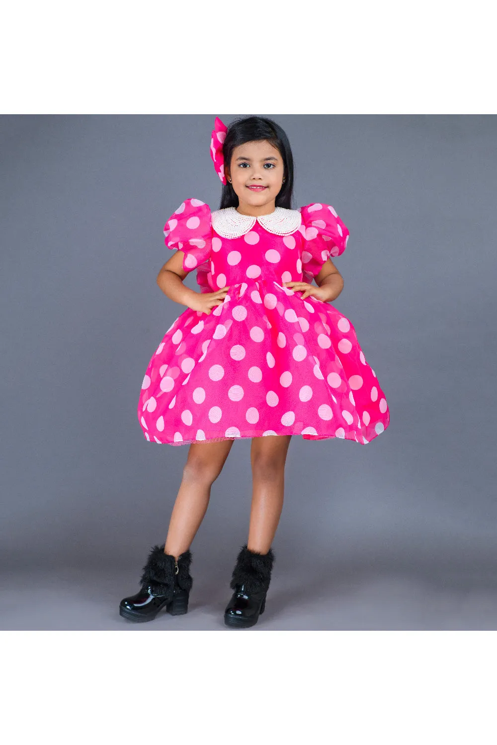 Pink Polka Dot And Pearl Detailing Organza Dress