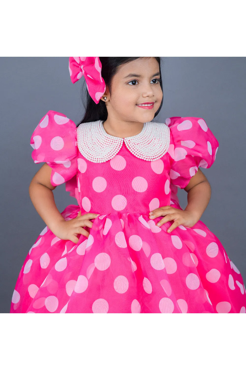 Pink Polka Dot And Pearl Detailing Organza Dress