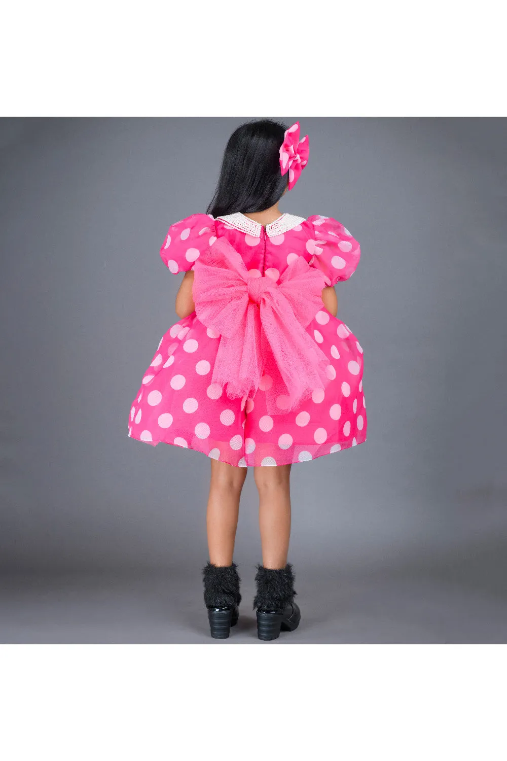 Pink Polka Dot And Pearl Detailing Organza Dress