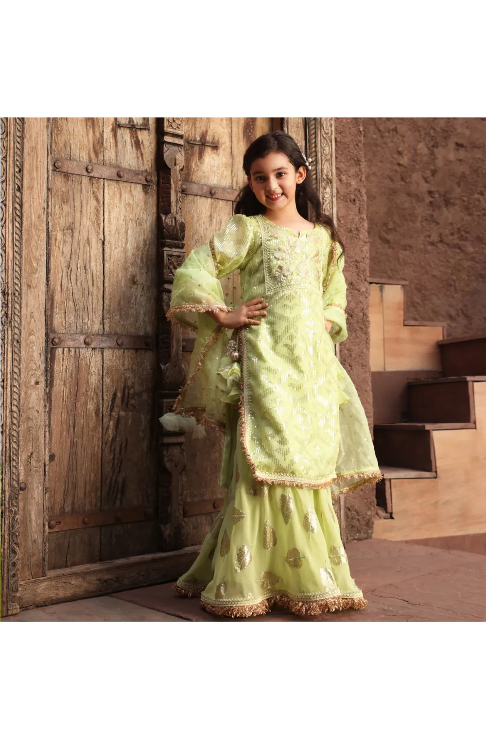 Pista Green Lace Detailing And Sequin Detailing Kurta And Palazzo Set