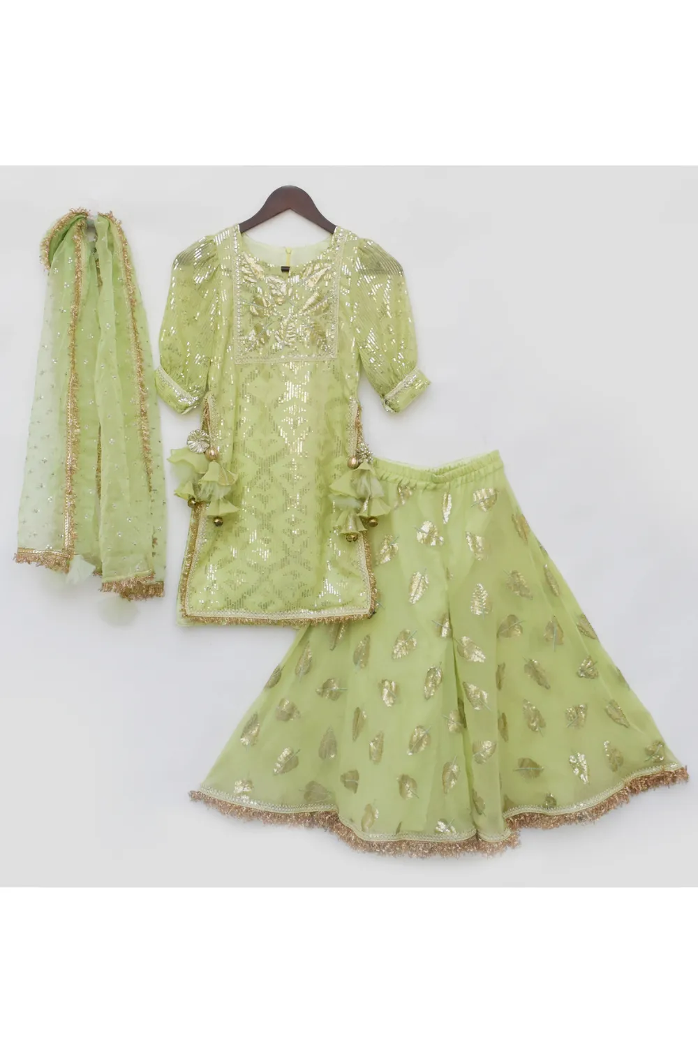 Pista Green Lace Detailing And Sequin Detailing Kurta And Palazzo Set