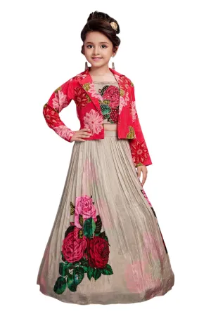 Printed kidswear peach lehenga set