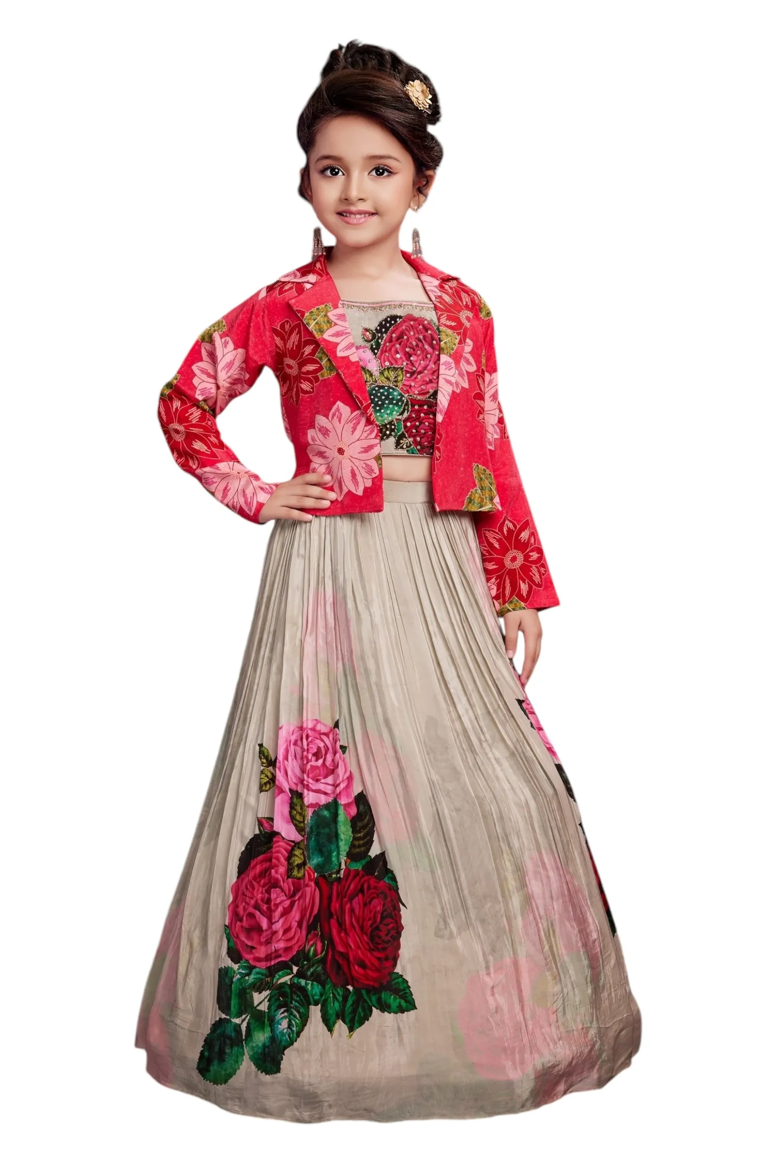 Printed kidswear peach lehenga set