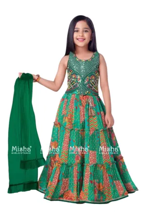 Printed viridian green kidswear lehenga set