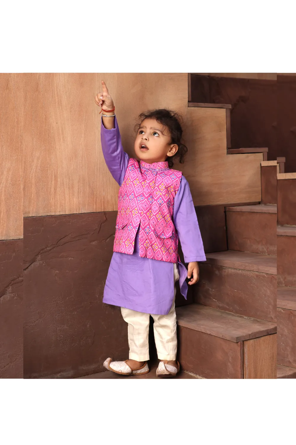 Purple Cotton Kurta And Pant With Pink Patola Printed Jacket Set