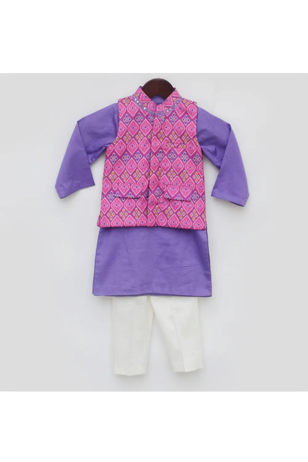 Purple Cotton Kurta And Pant With Pink Patola Printed Jacket Set