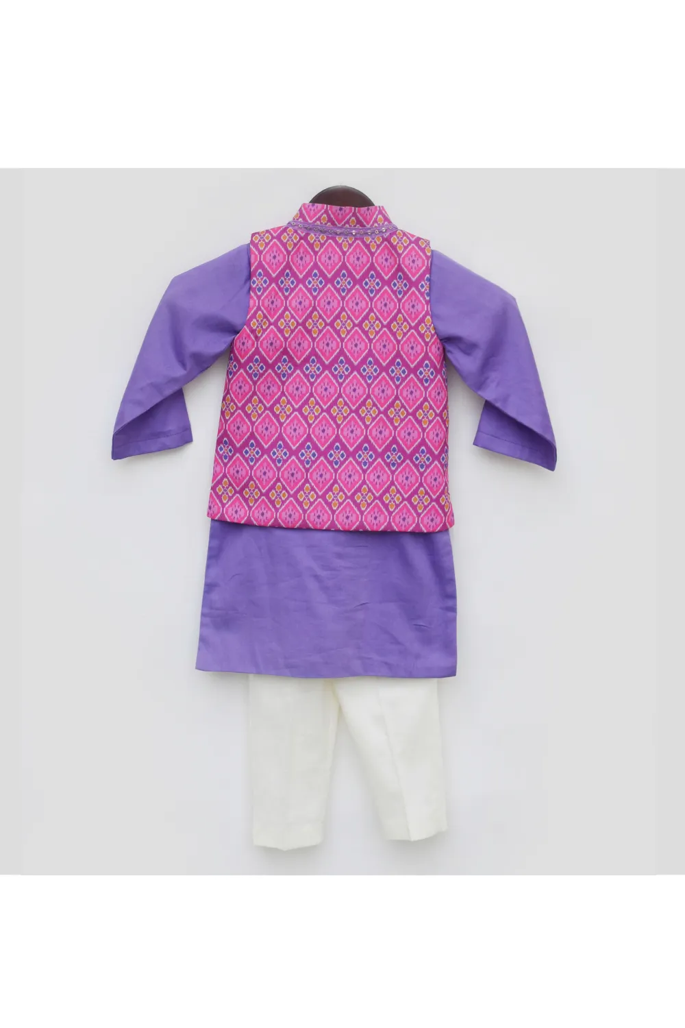 Purple Cotton Kurta And Pant With Pink Patola Printed Jacket Set