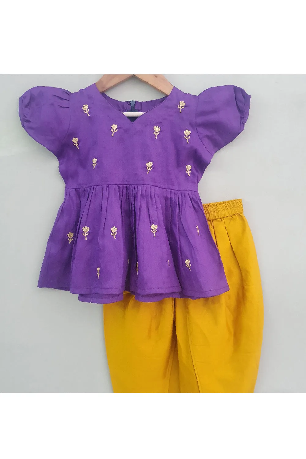 Purple Embroidered Cotton Peplum Style Top With Dhoti Set