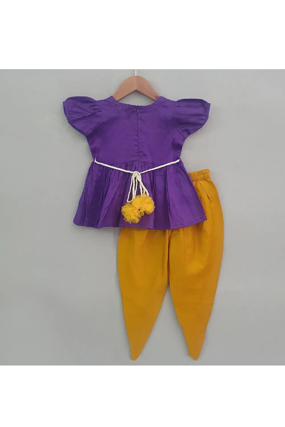 Purple Embroidered Cotton Peplum Style Top With Dhoti Set