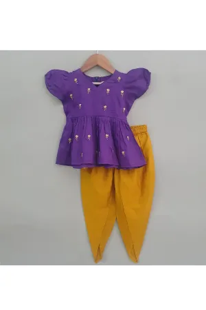 Purple Embroidered Cotton Peplum Style Top With Dhoti Set