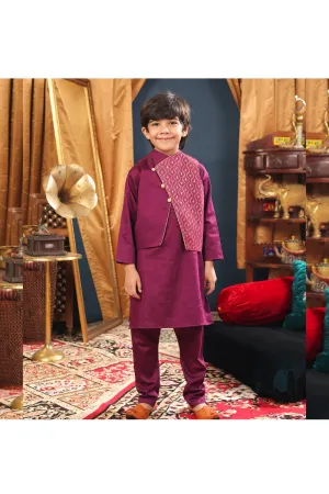 Purple Italian Cotton Kurta And Churidar With Asymmetric Jacket Set