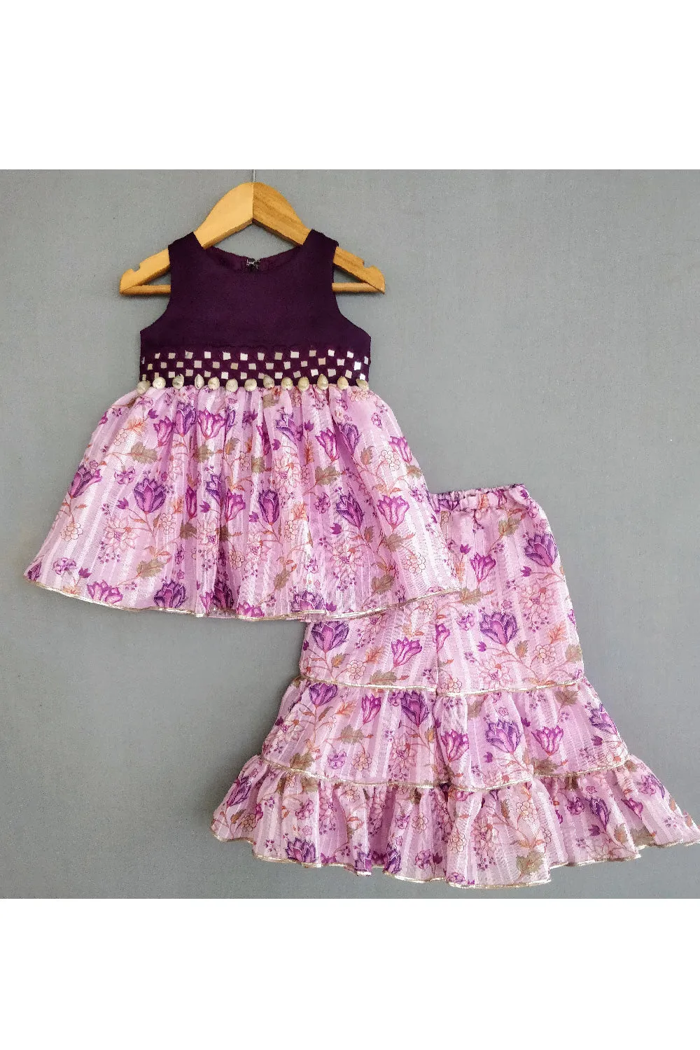 Purple Mirror Embroidered And Floral Printed Peplum Top With Sharara Set