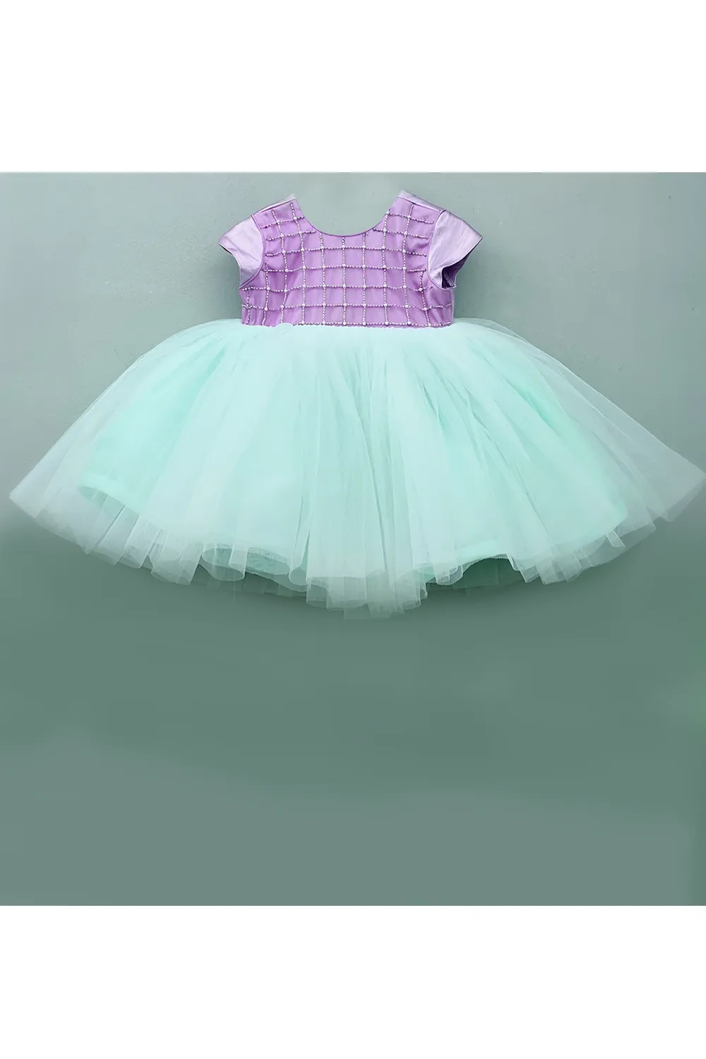 Purple pearls and cutdana sea green flares dress