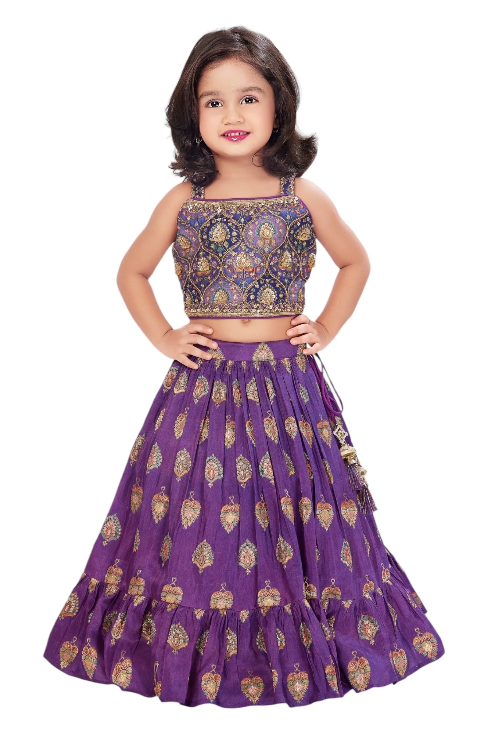 Purple printed kidswear lehenga set