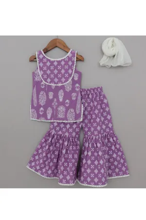 Purple Printed With Lace Detailing Cotton Kurta And Sharara Set