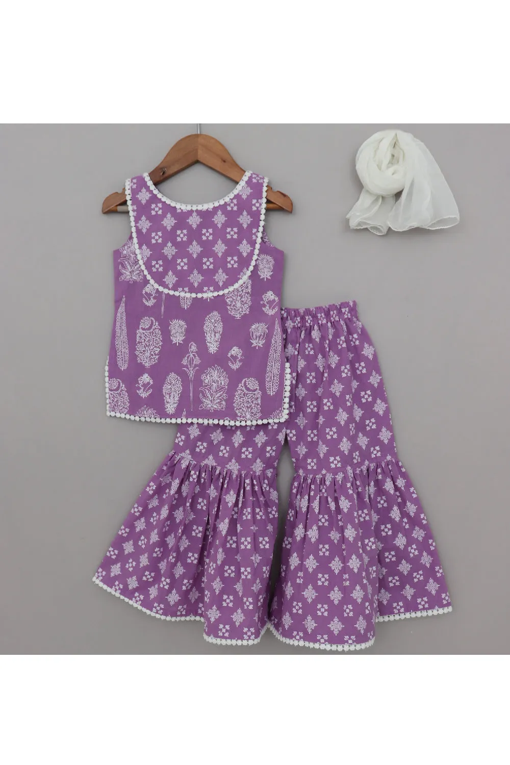 Purple Printed With Lace Detailing Cotton Kurta And Sharara Set