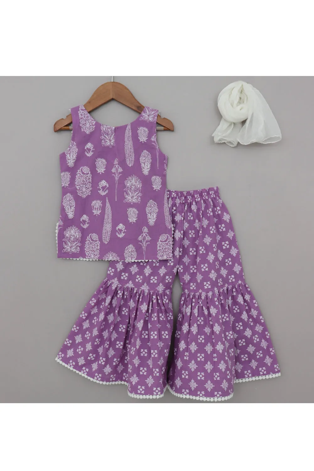 Purple Printed With Lace Detailing Cotton Kurta And Sharara Set