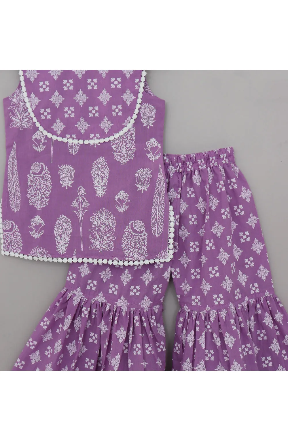 Purple Printed With Lace Detailing Cotton Kurta And Sharara Set