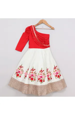 Red And White Floral Thread Embroidered Anarkali With Attached Dupatta Set