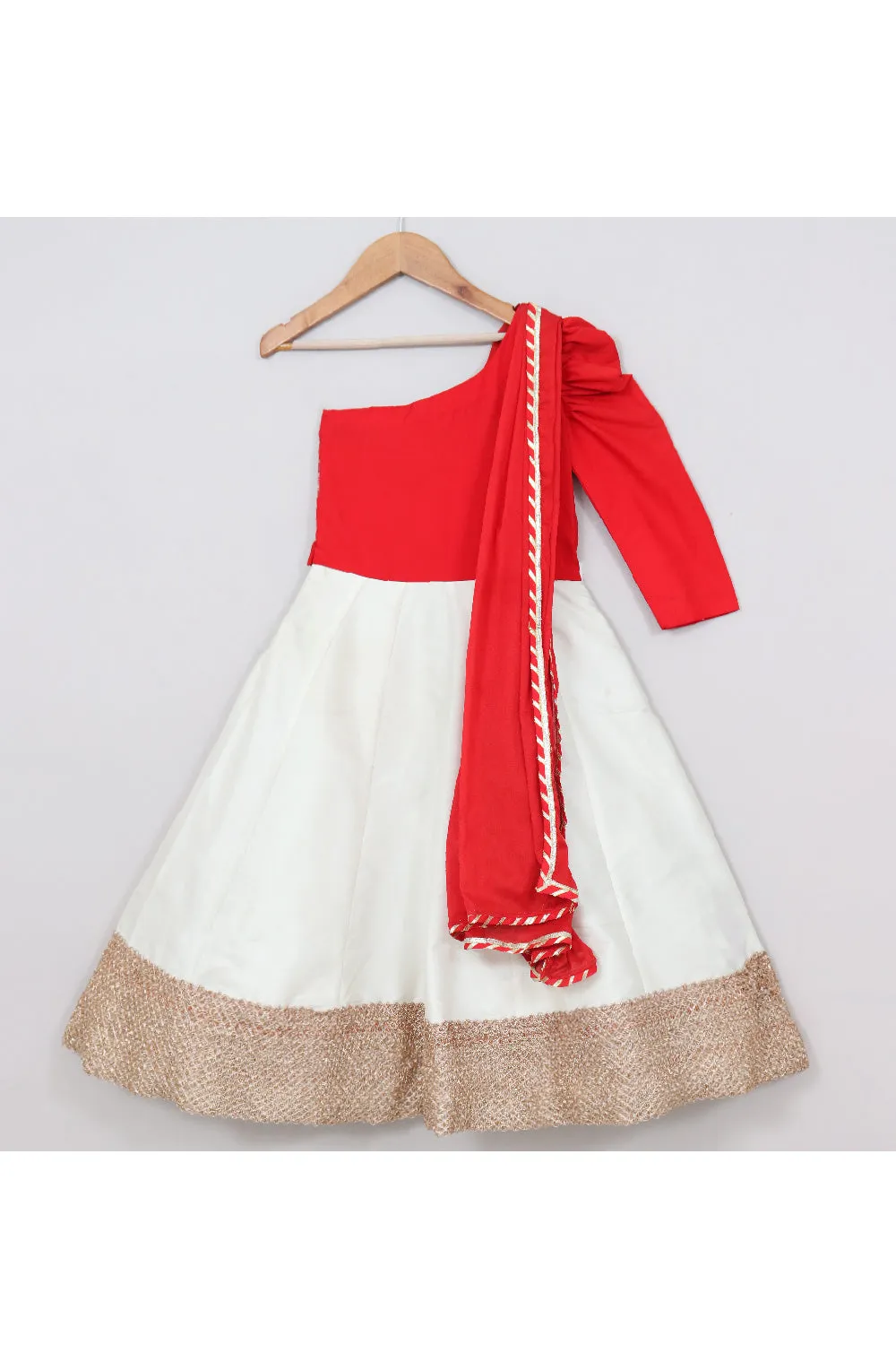 Red And White Floral Thread Embroidered Anarkali With Attached Dupatta Set