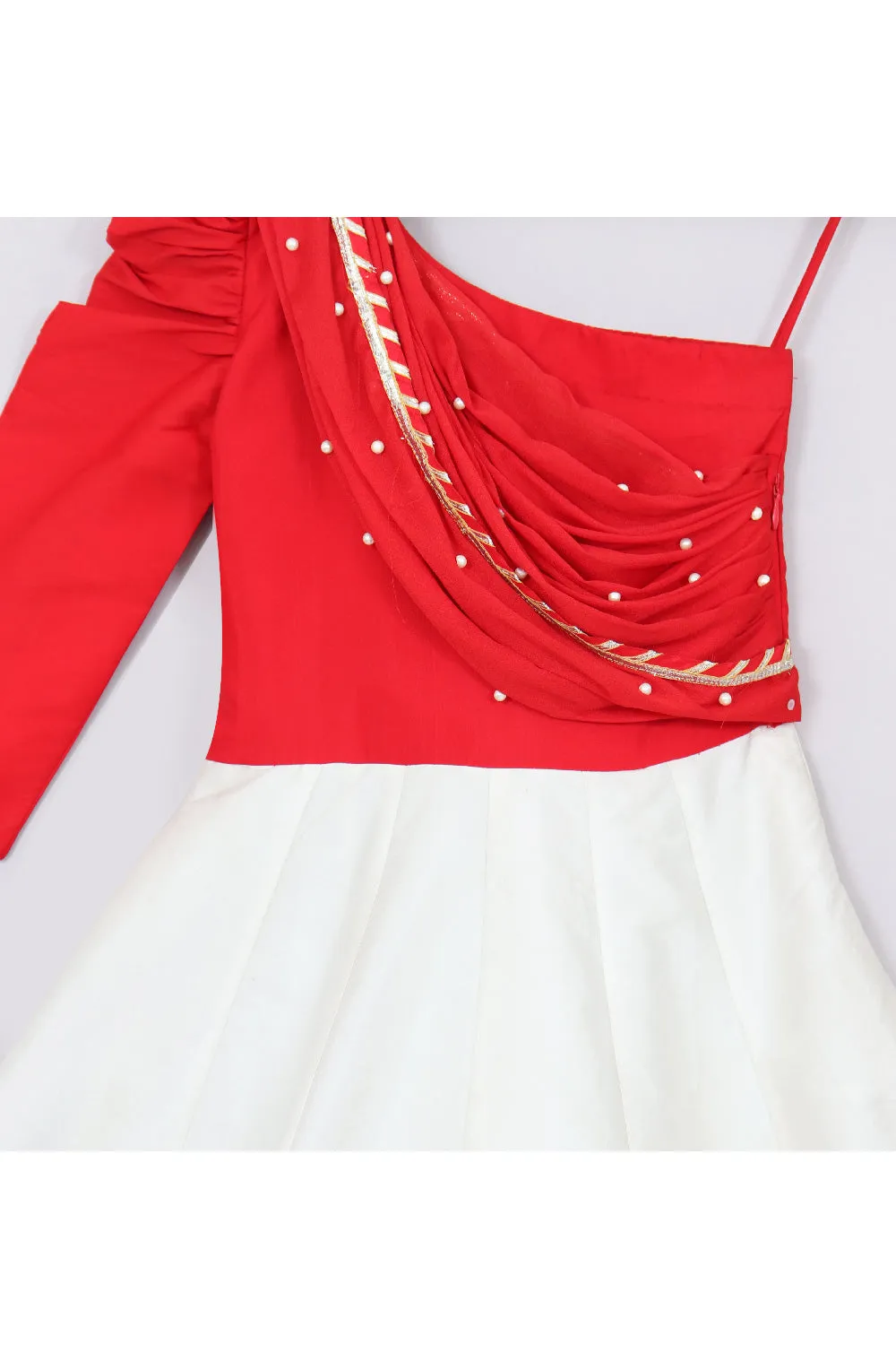 Red And White Floral Thread Embroidered Anarkali With Attached Dupatta Set