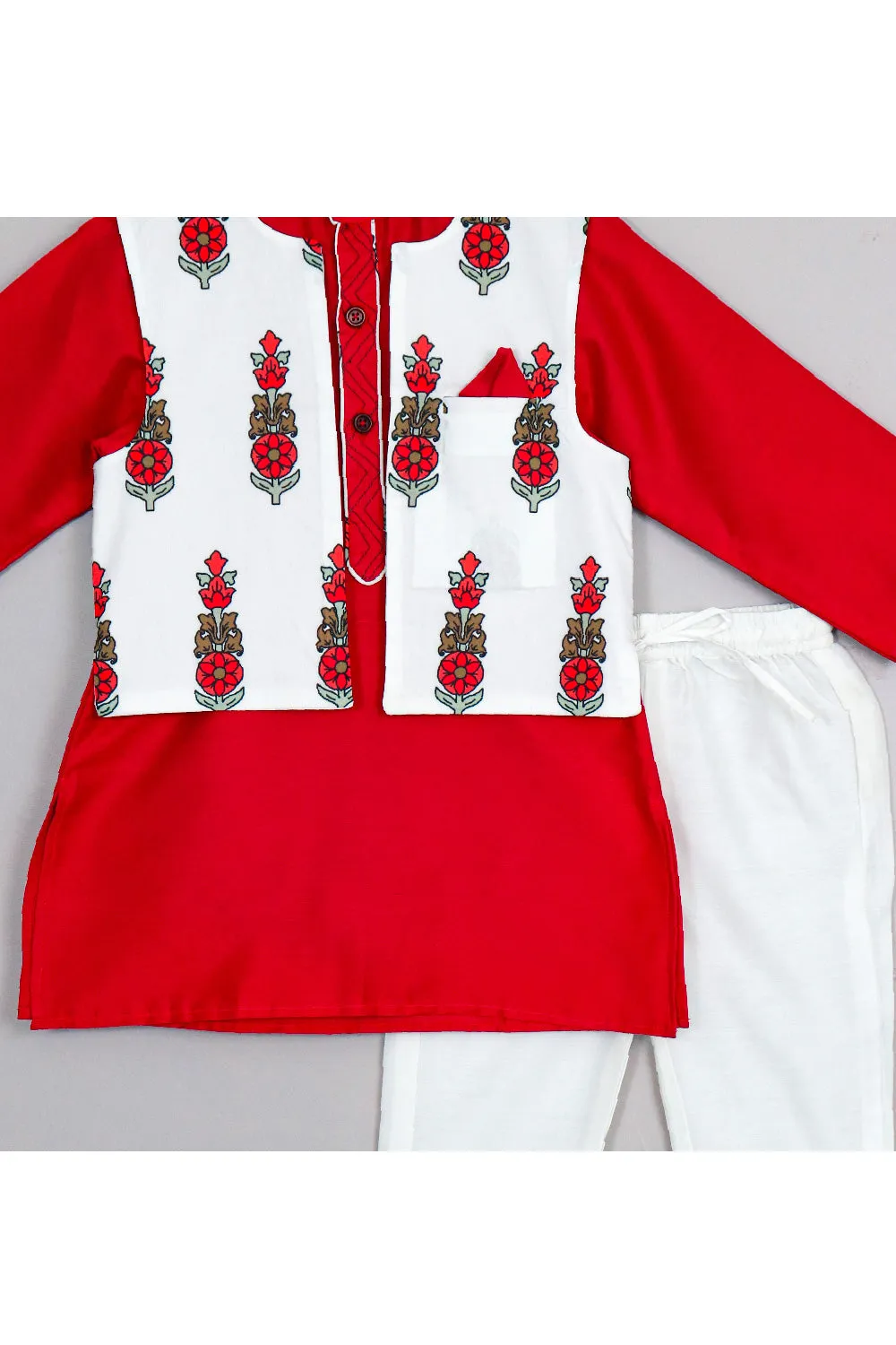 Red Cotton Silk Kurta With Floral Printed Jacket Set