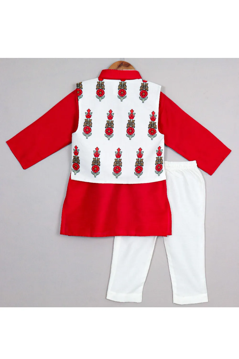 Red Cotton Silk Kurta With Floral Printed Jacket Set