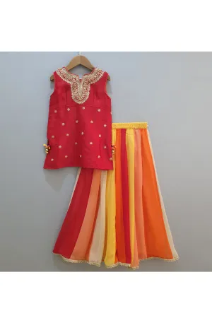 Red embroidered kurti and colorful sharara