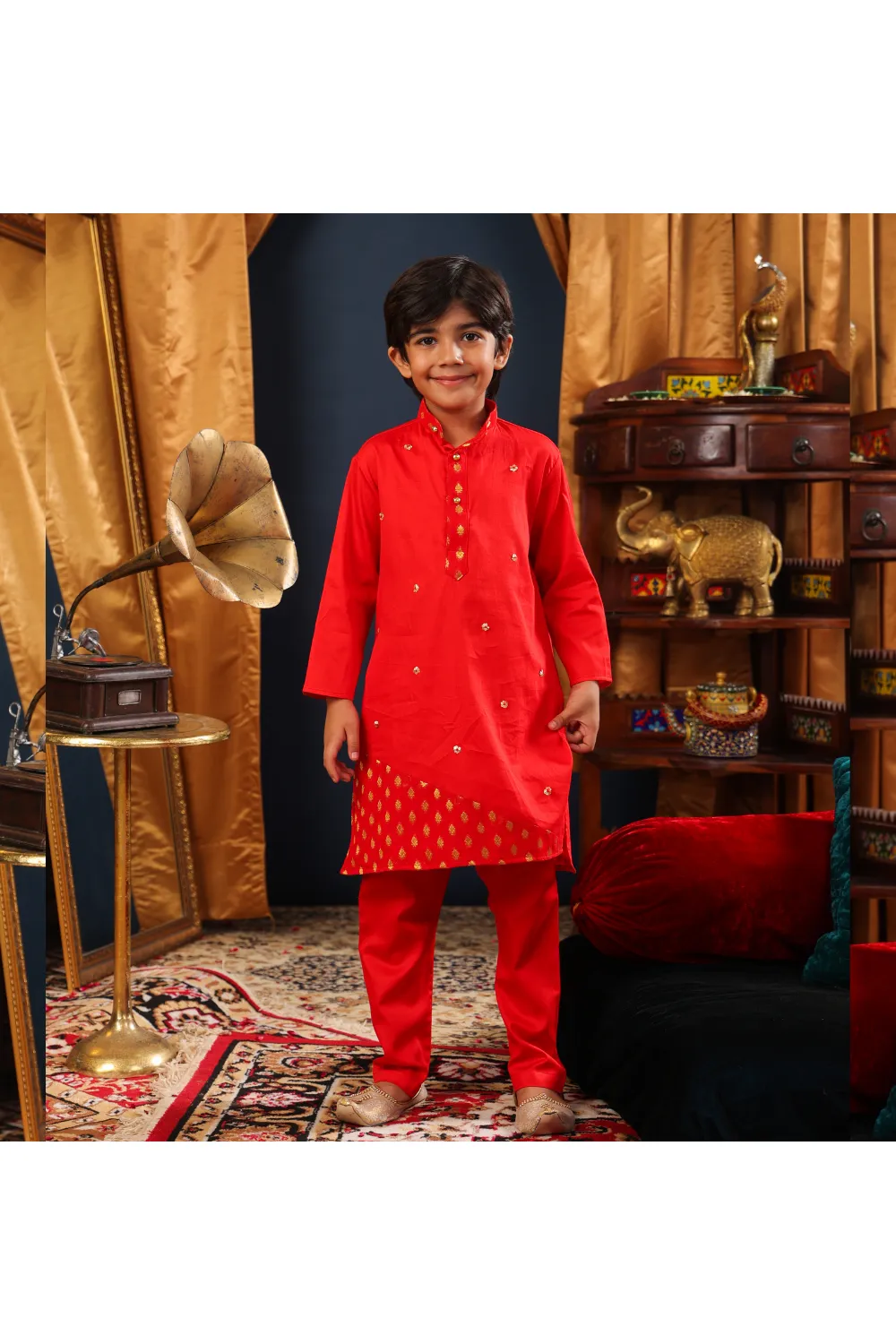 Red Sequins Embellished Italian Kurta And Churidar Set