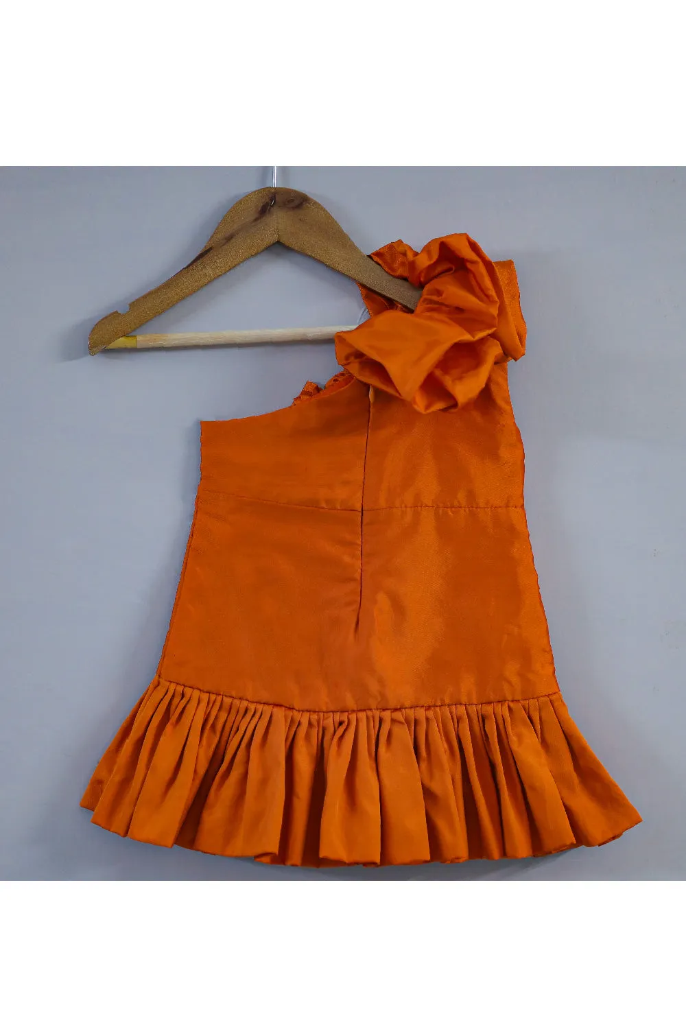 Rust Orange Frill Silk One Shoulder Dress